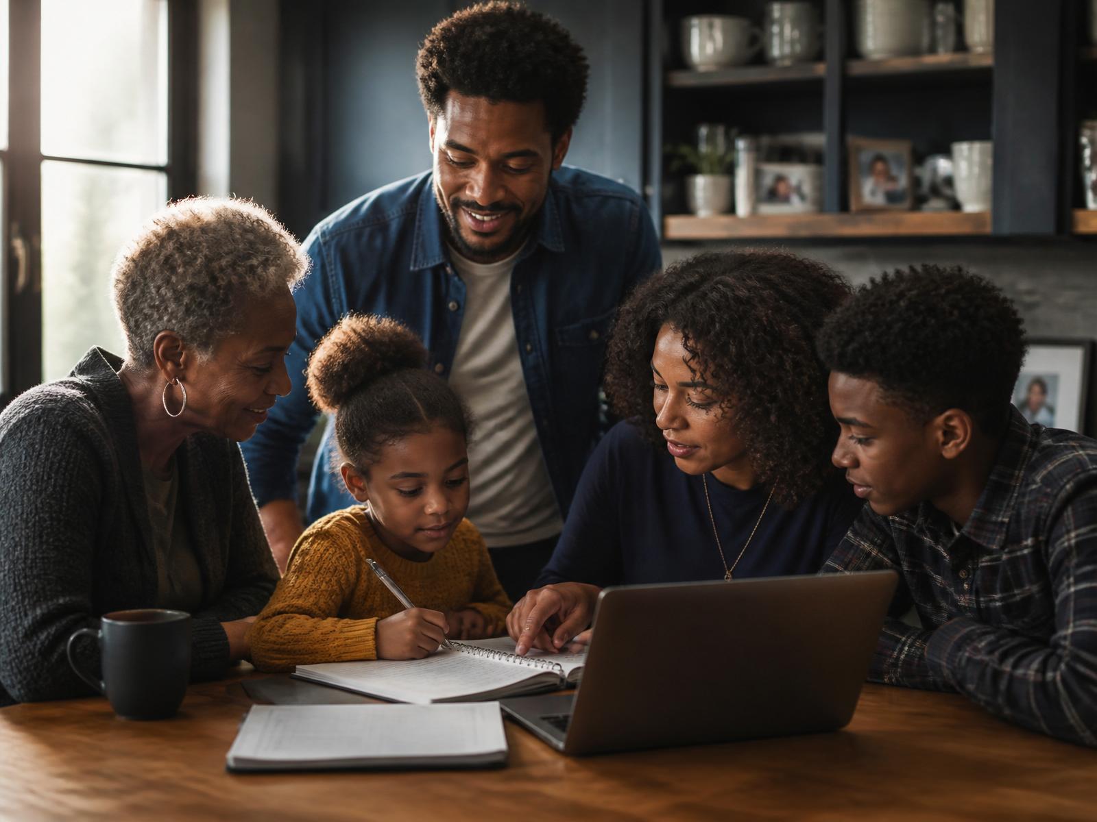 A multigenerational family learning together at a kitchen table
